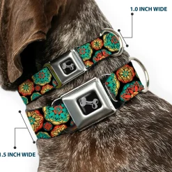 Dog Bone Seatbelt Buckle Collar - Boho Mandala Black/Yellow/Turquoise/Orange