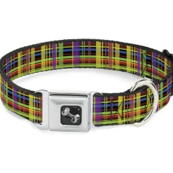 Dog Bone Seatbelt Buckle Collar - Plaid Black/Multi Neon