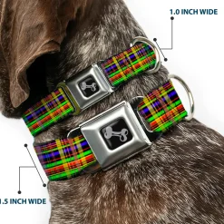 Dog Bone Seatbelt Buckle Collar - Plaid Black/Multi Neon