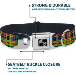 Dog Bone Seatbelt Buckle Collar - Plaid Black/Multi Neon