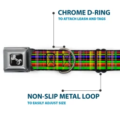 Dog Bone Seatbelt Buckle Collar - Plaid Black/Multi Neon