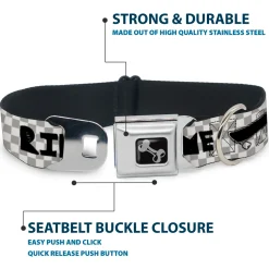 Dog Bone Seatbelt Buckle Collar - RIDE ME Skateboard w/Mini Checker White/Gray/Black