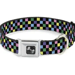 Dog Bone Seatbelt Buckle Collar - Checker Black/Multi Pastel
