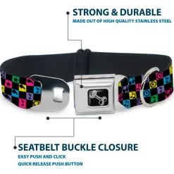 Dog Bone Seatbelt Buckle Collar - Musical Checkers Black/Neon