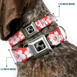 Dog Bone Seatbelt Buckle Collar - Hibiscus Light Red/White