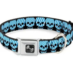 Dog Bone Seatbelt Buckle Collar - Checker & Stripe Skulls Black/White/Baby Blue