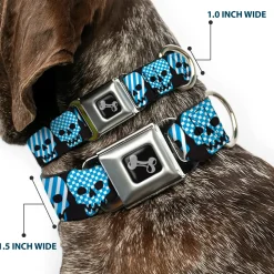 Dog Bone Seatbelt Buckle Collar - Checker & Stripe Skulls Black/White/Baby Blue