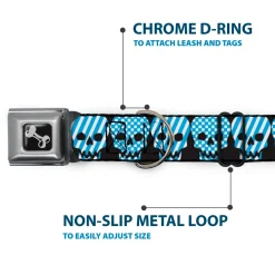 Dog Bone Seatbelt Buckle Collar - Checker & Stripe Skulls Black/White/Baby Blue