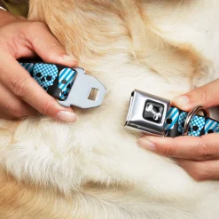 Dog Bone Seatbelt Buckle Collar - Checker & Stripe Skulls Black/White/Baby Blue