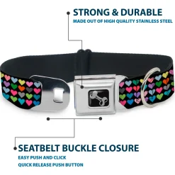 Dog Bone Seatbelt Buckle Collar - Mini Hearts Black/Multi Color