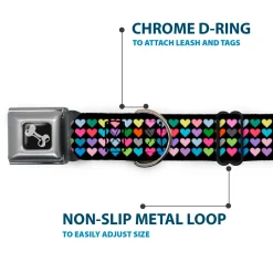 Dog Bone Seatbelt Buckle Collar - Mini Hearts Black/Multi Color