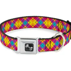 Dog Bone Seatbelt Buckle Collar - Diamond Plaid Orange/Yellow/Blue/Purple/Fuchsia