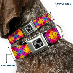 Dog Bone Seatbelt Buckle Collar - Diamond Plaid Orange/Yellow/Blue/Purple/Fuchsia