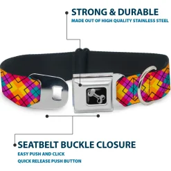 Dog Bone Seatbelt Buckle Collar - Diamond Plaid Orange/Yellow/Blue/Purple/Fuchsia