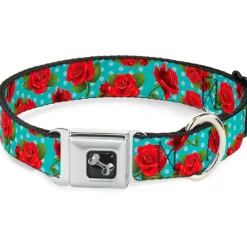 Dog Bone Seatbelt Buckle Collar - Red Roses/Polka Dots Turquoise