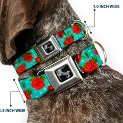 Dog Bone Seatbelt Buckle Collar - Red Roses/Polka Dots Turquoise