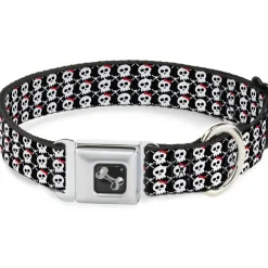 Dog Bone Seatbelt Buckle Collar - Skull w/Bow Black/White/Red