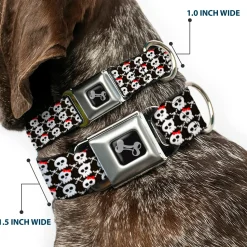 Dog Bone Seatbelt Buckle Collar - Skull w/Bow Black/White/Red