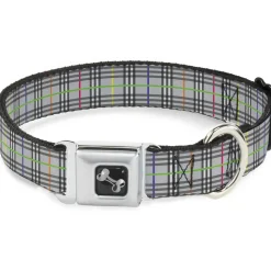 Dog Bone Seatbelt Buckle Collar - Plaid Gray/Multi Neon