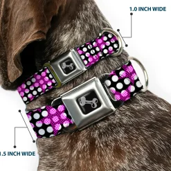 Dog Bone Seatbelt Buckle Collar - Eighties Stars1 Black/White/Fuchsia