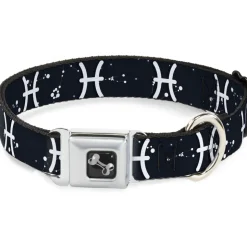 Dog Bone Seatbelt Buckle Collar - Zodiac Pisces Symbol/Constellations Black/White