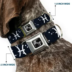 Dog Bone Seatbelt Buckle Collar - Zodiac Pisces Symbol/Constellations Black/White