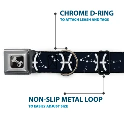 Dog Bone Seatbelt Buckle Collar - Zodiac Pisces Symbol/Constellations Black/White