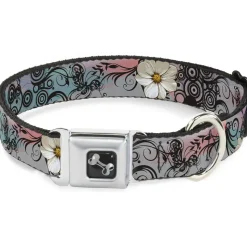 Dog Bone Seatbelt Buckle Collar - Flowers w/Filigree Pink