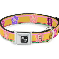 Dog Bone Seatbelt Buckle Collar - Hibiscus w/Stripes Gold/Multi Pastel