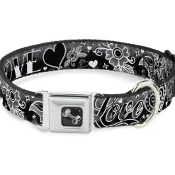 Dog Bone Seatbelt Buckle Collar - Love Love Black/White
