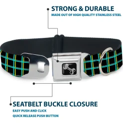 Dog Bone Seatbelt Buckle Collar - Wire Grid Black/Turquoise/Yellow
