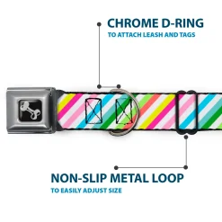 Dog Bone Seatbelt Buckle Collar - Diagonal Stripes White/Multi Color