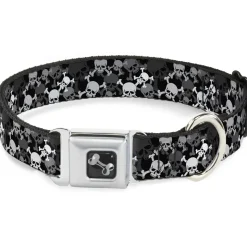 Dog Bone Seatbelt Buckle Collar - Top Skulls Stacked Black/Gray/White