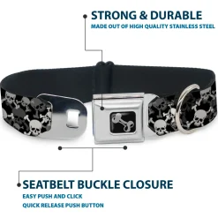 Dog Bone Seatbelt Buckle Collar - Top Skulls Stacked Black/Gray/White