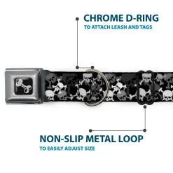 Dog Bone Seatbelt Buckle Collar - Top Skulls Stacked Black/Gray/White