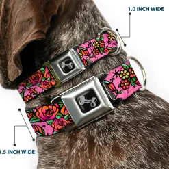 Dog Bone Seatbelt Buckle Collar - Born to Blossom CLOSE-UP Pink