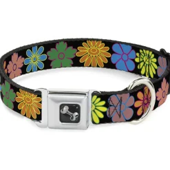 Dog Bone Seatbelt Buckle Collar - Flowers Black/Multi Color