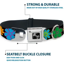 Dog Bone Seatbelt Buckle Collar - Flowers Black/Multi Color