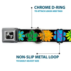 Dog Bone Seatbelt Buckle Collar - Flowers Black/Multi Color