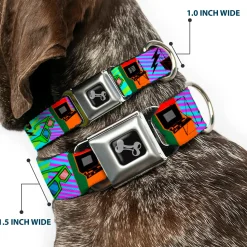 Dog Bone Seatbelt Buckle Collar - Eighties Arcade Multi Neon Stripes