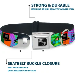 Dog Bone Seatbelt Buckle Collar - Eighties Arcade Multi Neon Stripes