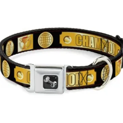 Dog Bone Seatbelt Buckle Collar - CHAMPION Belt/Icons Black/Golds