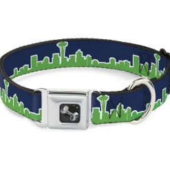 Dog Bone Seatbelt Buckle Collar - Seattle Skyline Navy/Bright Green