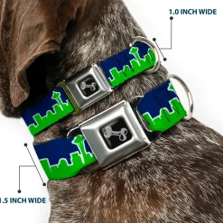 Dog Bone Seatbelt Buckle Collar - Seattle Skyline Navy/Bright Green