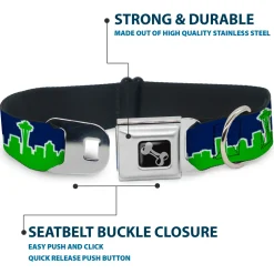 Dog Bone Seatbelt Buckle Collar - Seattle Skyline Navy/Bright Green