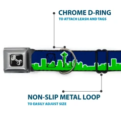 Dog Bone Seatbelt Buckle Collar - Seattle Skyline Navy/Bright Green