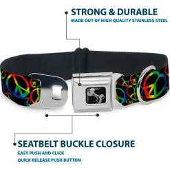 Dog Bone Seatbelt Buckle Collar - Peace Heart Black/Rainbow Ombre