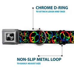 Dog Bone Seatbelt Buckle Collar - Peace Heart Black/Rainbow Ombre