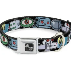 Dog Bone Seatbelt Buckle Collar - Robots CLOSE-UP Black
