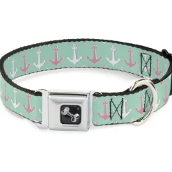 Dog Bone Seatbelt Buckle Collar - Anchor2 CLOSE-UP Green/Pink/White